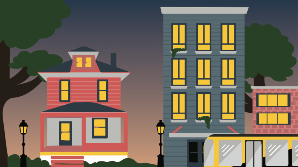 An illustration of several houses and a CAMBUS in front of them
